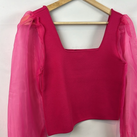 House of Harlow 1960 Hot Pink Sheer Puff Long‎ Sleeve Cropped Knit Top Size S - Picture 4 of 9